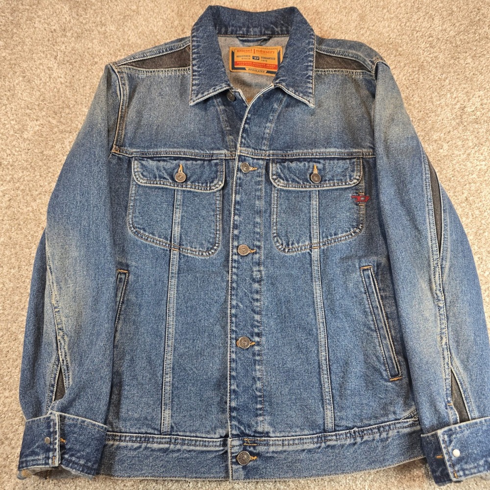 Diesel Industry Blue Denim Jacket Mens Large Contrast Panels Raw Edge Fringe